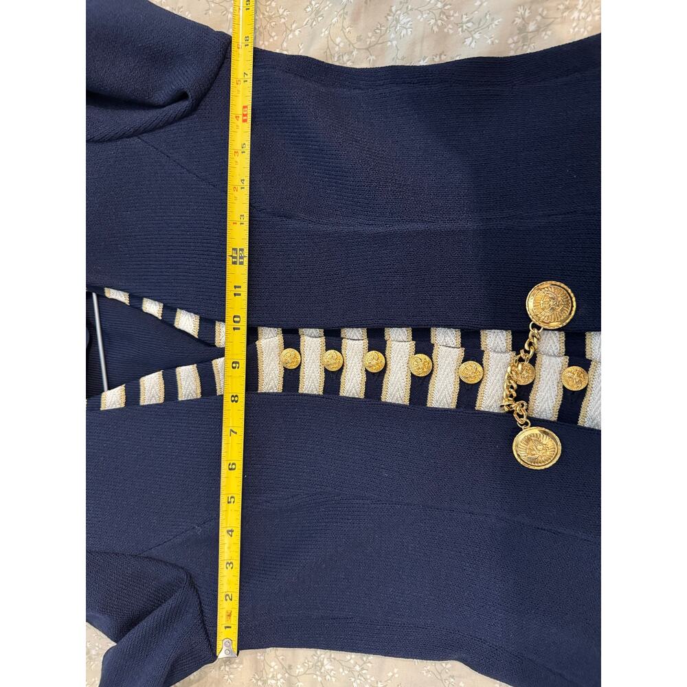 St. John 2-Piece Knit Suit Set Navy Blue Gold Metallic Trim and Skirt sz 6 - Picture 11 of 13